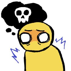 An emoji yelllow figure with blank white eyes and a black thought bubble that has a skull in it. There are sharp blue 'pain lines' around them.